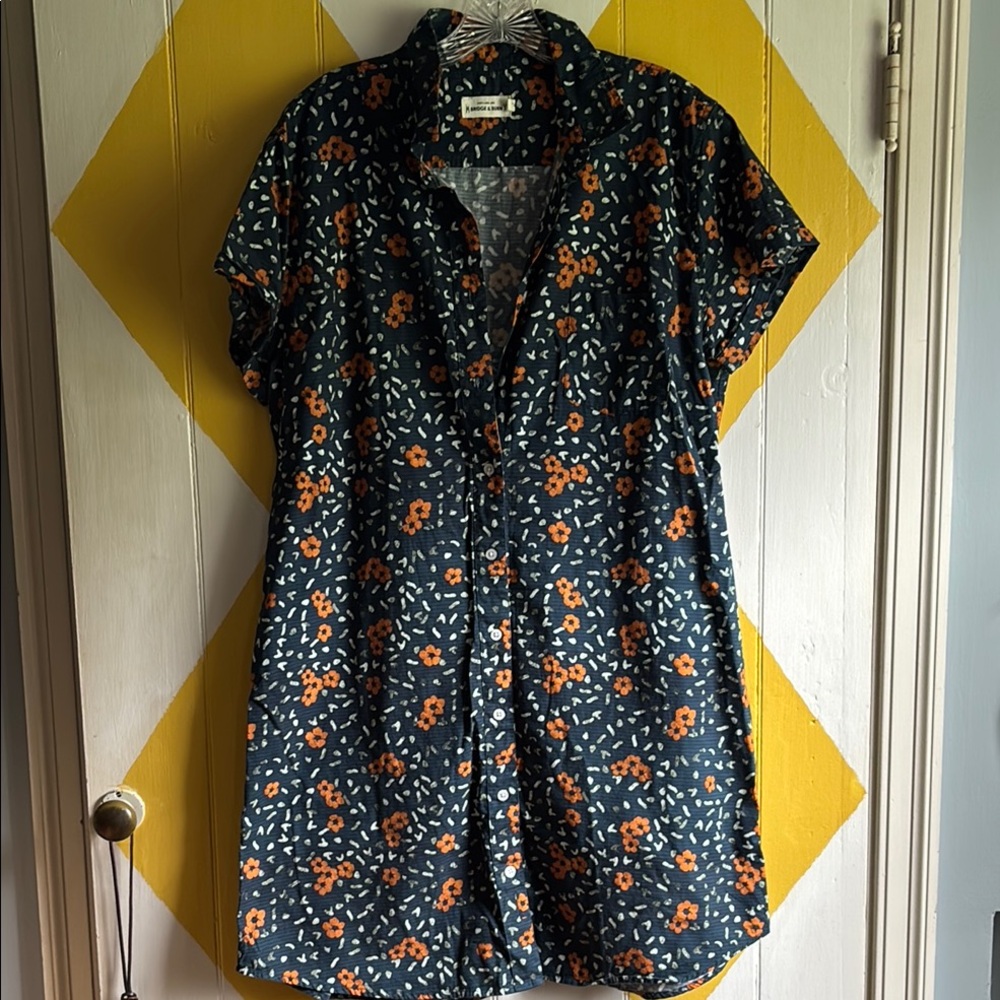 Bridge & Burn Orange and Blue Notched Collar Button Down Dress.